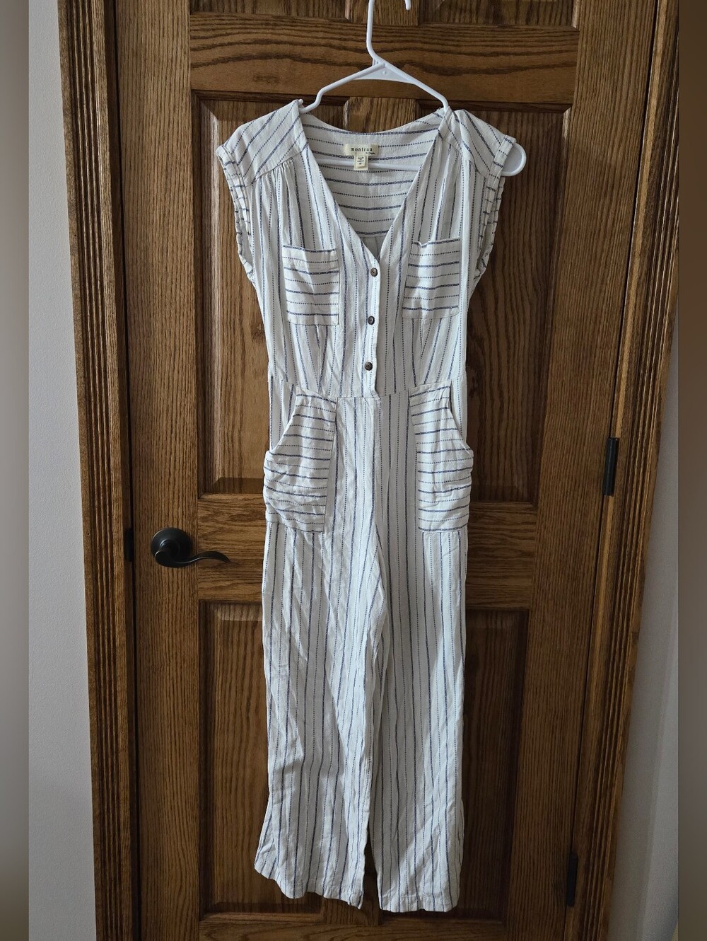 Monteau White Top with Navy Stripe Detail